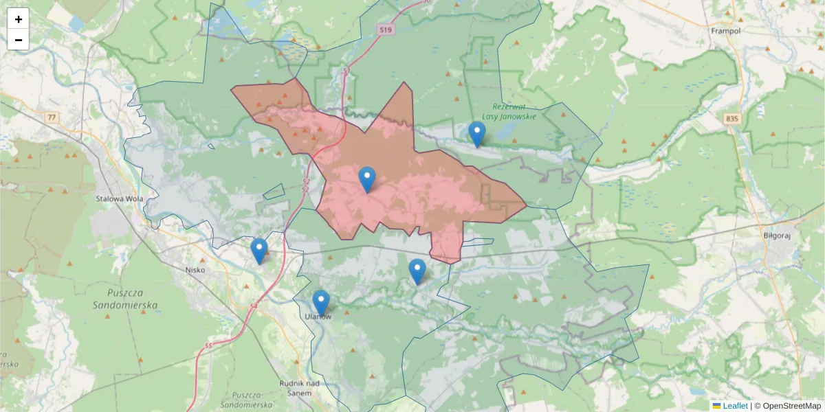 Szczegółowa mapa kodu pocztowego 37-405 z granicami, sąsiednimi kodami pocztowymi i urzędami pocztowymi