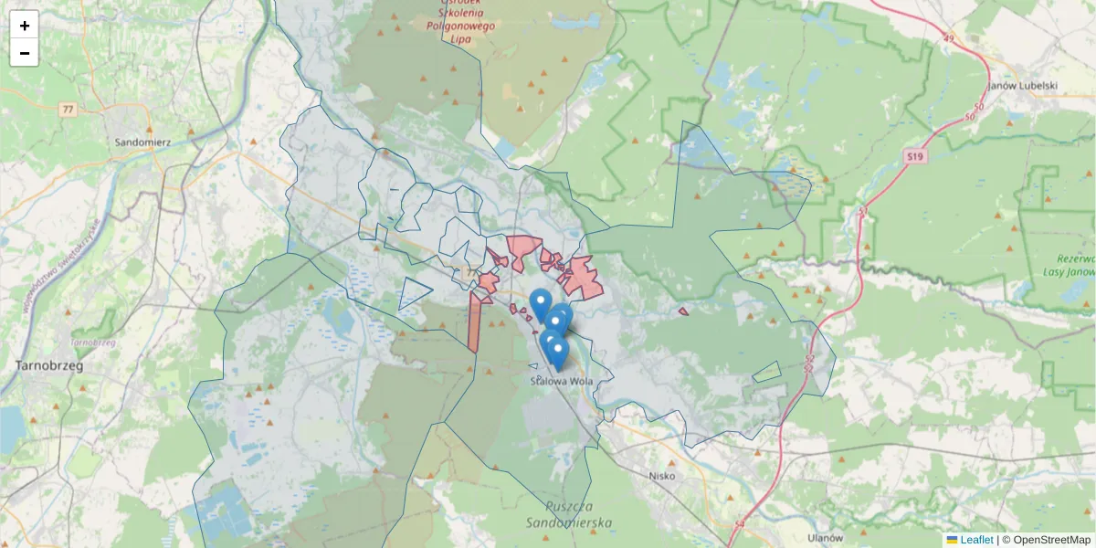 Szczegółowa mapa kodu pocztowego 37-464 z granicami, sąsiednimi kodami pocztowymi i urzędami pocztowymi