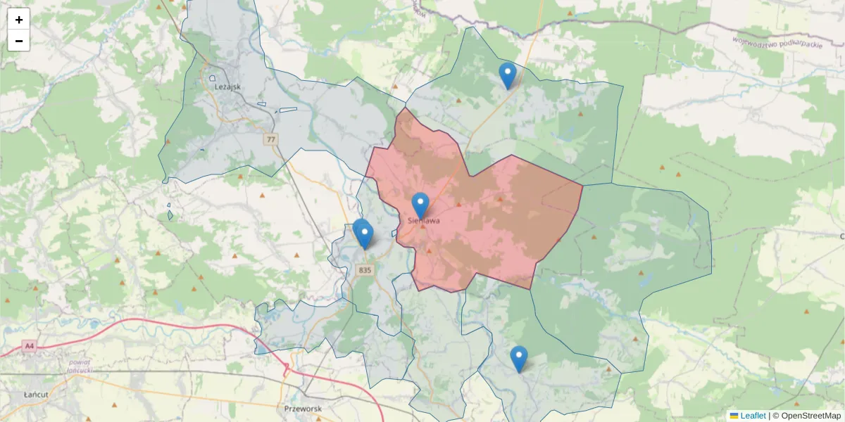 Szczegółowa mapa kodu pocztowego 37-530 z granicami, sąsiednimi kodami pocztowymi i urzędami pocztowymi