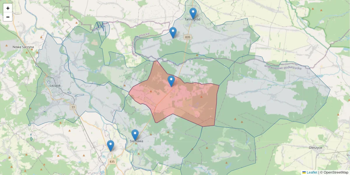 Szczegółowa mapa kodu pocztowego 37-534 z granicami, sąsiednimi kodami pocztowymi i urzędami pocztowymi