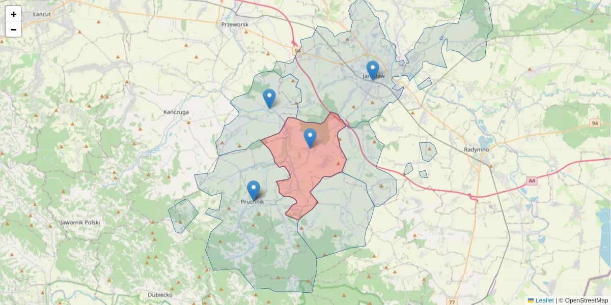 Szczegółowa mapa kodu pocztowego 37-565 z granicami, sąsiednimi kodami pocztowymi i urzędami pocztowymi