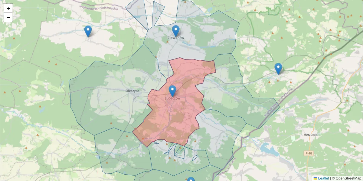 Szczegółowa mapa kodu pocztowego 37-600 z granicami, sąsiednimi kodami pocztowymi i urzędami pocztowymi