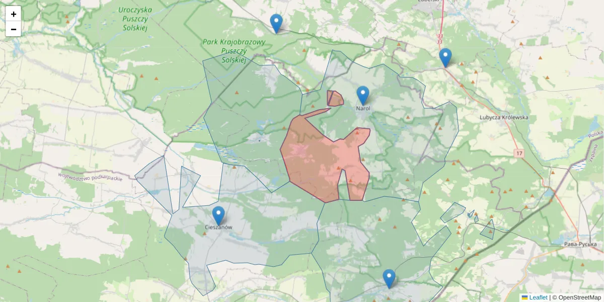 Szczegółowa mapa kodu pocztowego 37-614 z granicami, sąsiednimi kodami pocztowymi i urzędami pocztowymi