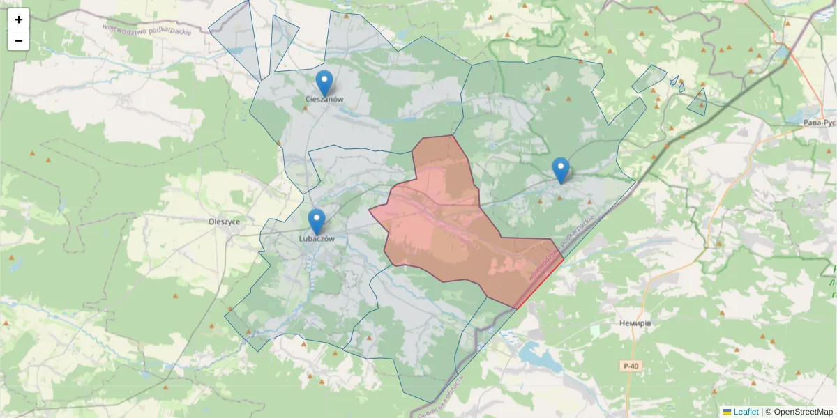 Szczegółowa mapa kodu pocztowego 37-621 z granicami, sąsiednimi kodami pocztowymi i urzędami pocztowymi