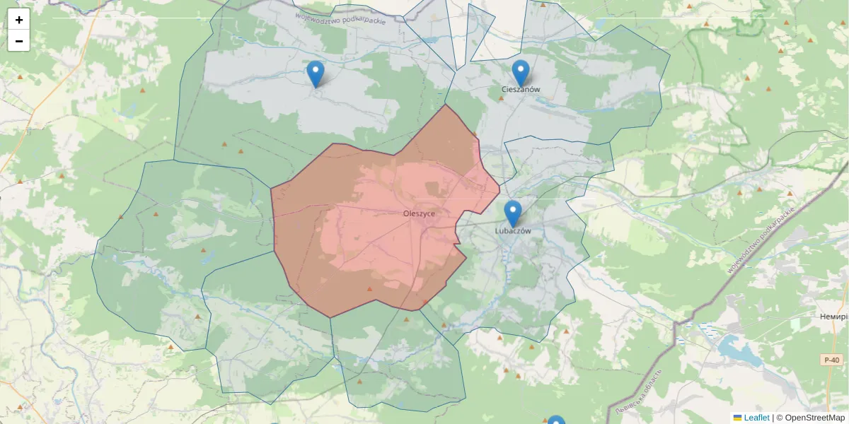 Szczegółowa mapa kodu pocztowego 37-630 z granicami, sąsiednimi kodami pocztowymi i urzędami pocztowymi