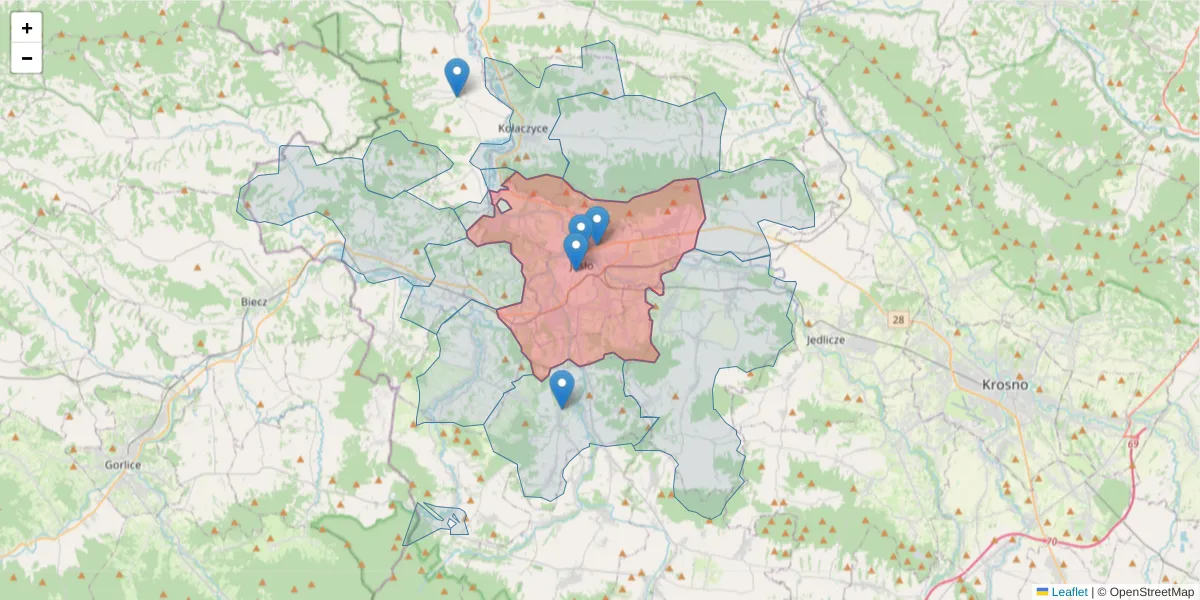 Szczegółowa mapa kodu pocztowego 38-200 z granicami, sąsiednimi kodami pocztowymi i urzędami pocztowymi