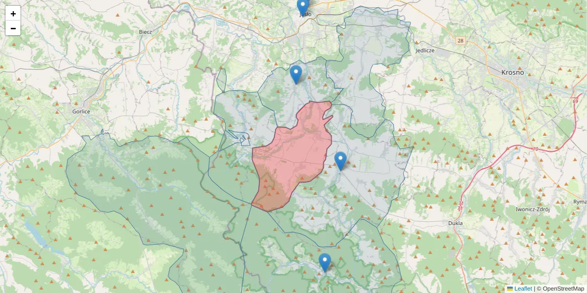 Szczegółowa mapa kodu pocztowego 38-223 z granicami, sąsiednimi kodami pocztowymi i urzędami pocztowymi
