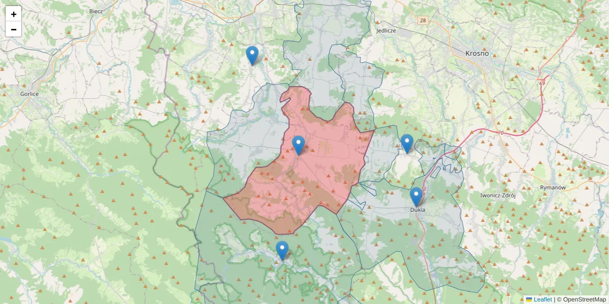 Szczegółowa mapa kodu pocztowego 38-230 z granicami, sąsiednimi kodami pocztowymi i urzędami pocztowymi