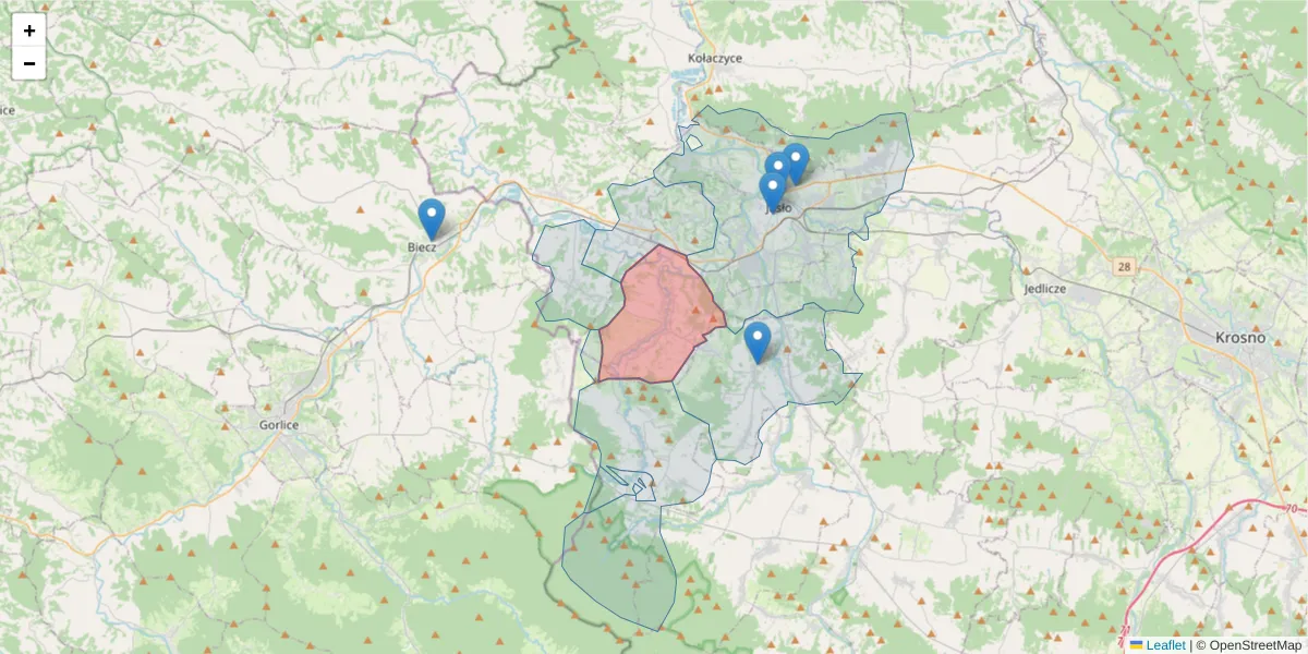 Szczegółowa mapa kodu pocztowego 38-241 z granicami, sąsiednimi kodami pocztowymi i urzędami pocztowymi