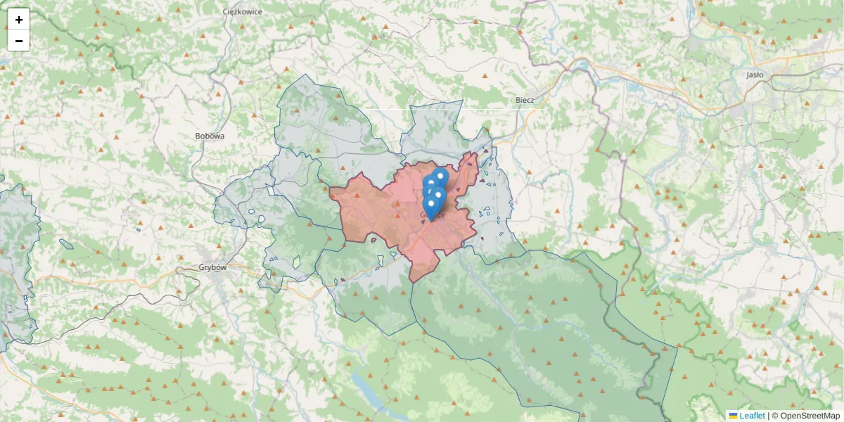 Szczegółowa mapa kodu pocztowego 38-300 z granicami, sąsiednimi kodami pocztowymi i urzędami pocztowymi