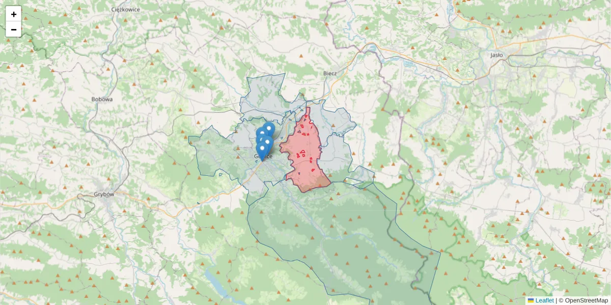 Szczegółowa mapa kodu pocztowego 38-303 z granicami, sąsiednimi kodami pocztowymi i urzędami pocztowymi