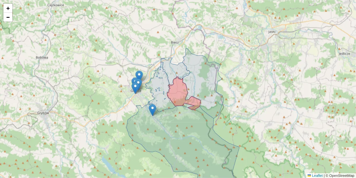 Szczegółowa mapa kodu pocztowego 38-304 z granicami, sąsiednimi kodami pocztowymi i urzędami pocztowymi