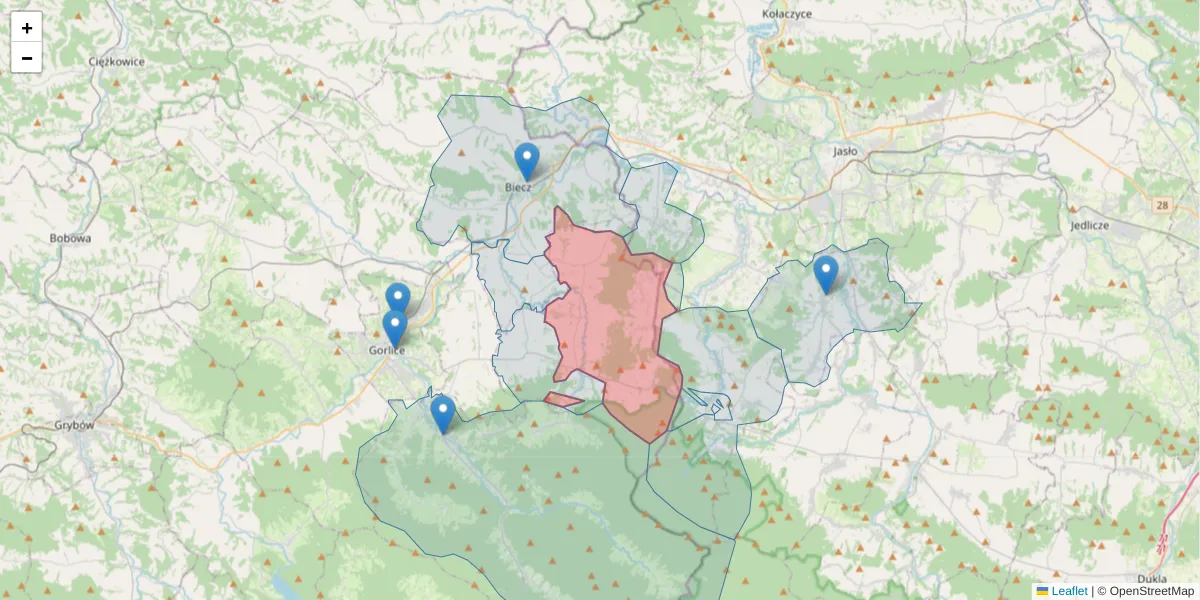Szczegółowa mapa kodu pocztowego 38-305 z granicami, sąsiednimi kodami pocztowymi i urzędami pocztowymi