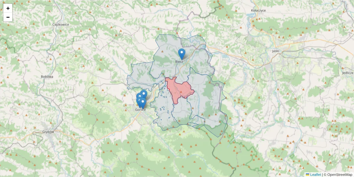 Szczegółowa mapa kodu pocztowego 38-306 z granicami, sąsiednimi kodami pocztowymi i urzędami pocztowymi