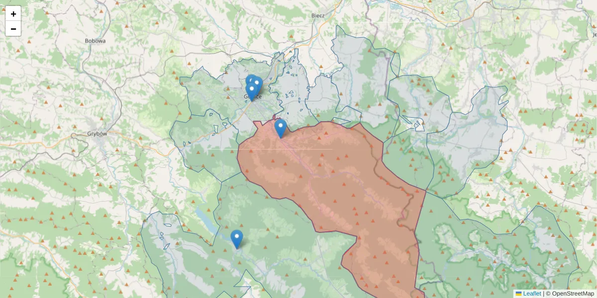 Szczegółowa mapa kodu pocztowego 38-307 z granicami, sąsiednimi kodami pocztowymi i urzędami pocztowymi