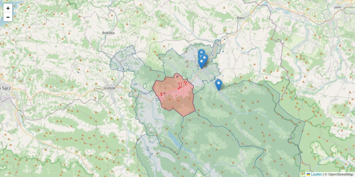Szczegółowa mapa kodu pocztowego 38-311 z granicami, sąsiednimi kodami pocztowymi i urzędami pocztowymi