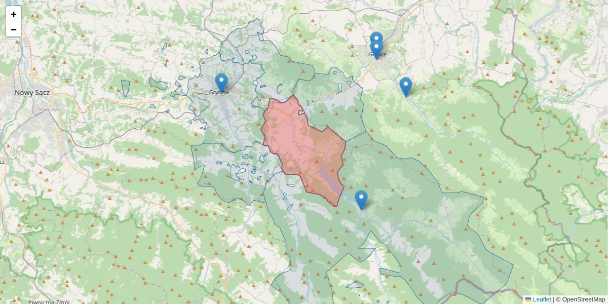 Szczegółowa mapa kodu pocztowego 38-312 z granicami, sąsiednimi kodami pocztowymi i urzędami pocztowymi