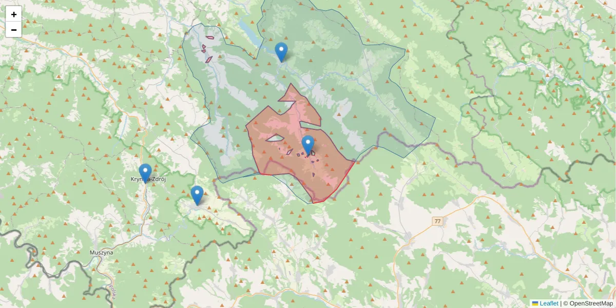 Szczegółowa mapa kodu pocztowego 38-316 z granicami, sąsiednimi kodami pocztowymi i urzędami pocztowymi