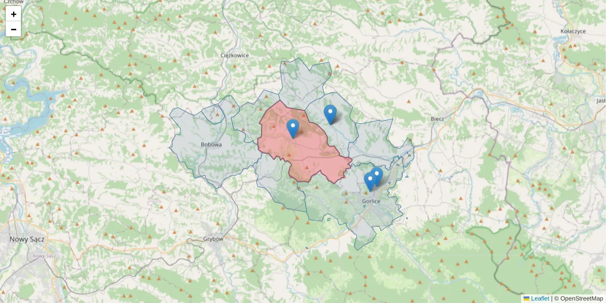 Szczegółowa mapa kodu pocztowego 38-322 z granicami, sąsiednimi kodami pocztowymi i urzędami pocztowymi