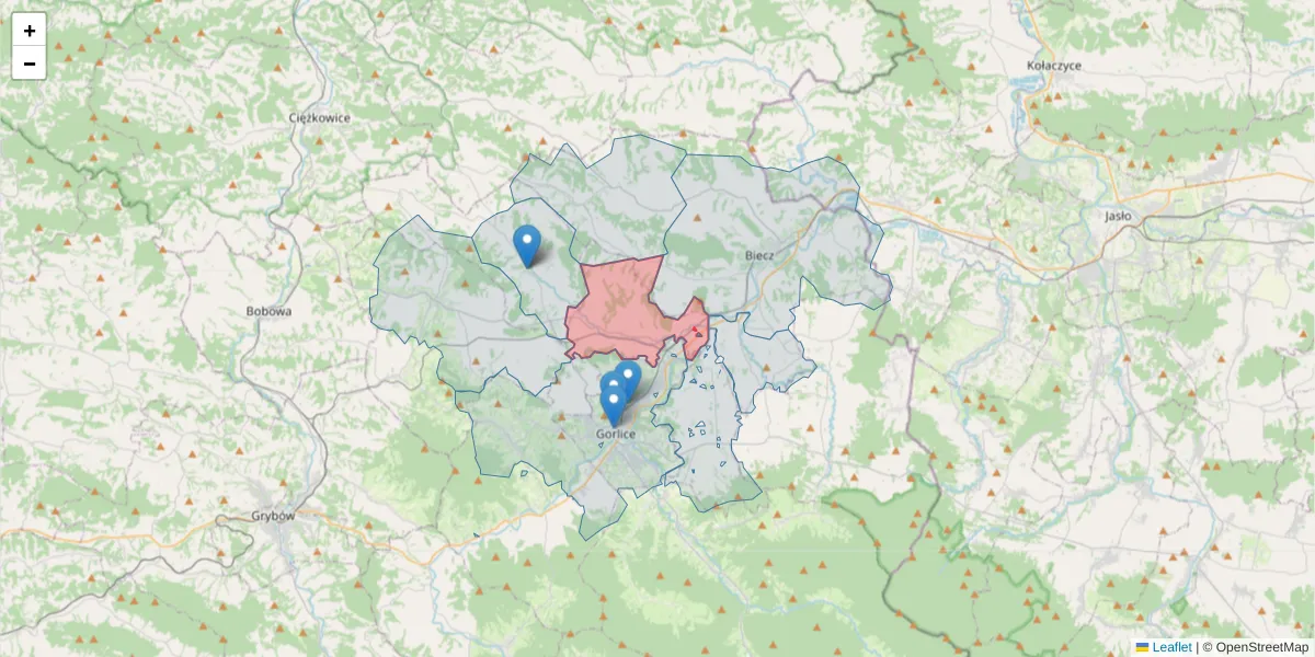 Szczegółowa mapa kodu pocztowego 38-333 z granicami, sąsiednimi kodami pocztowymi i urzędami pocztowymi