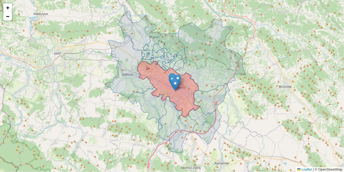 Szczegółowa mapa kodu pocztowego 38-400 z granicami, sąsiednimi kodami pocztowymi i urzędami pocztowymi