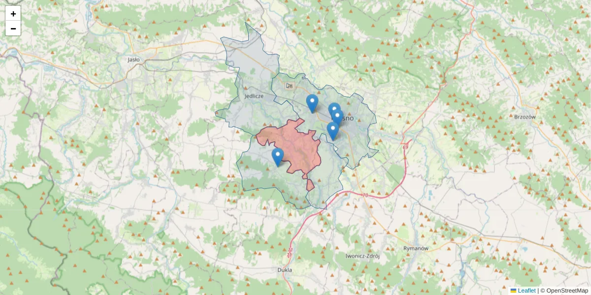 Szczegółowa mapa kodu pocztowego 38-457 z granicami, sąsiednimi kodami pocztowymi i urzędami pocztowymi