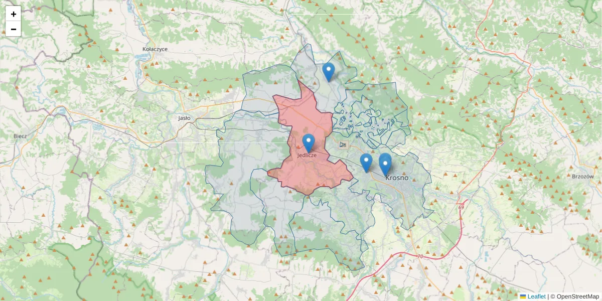 Szczegółowa mapa kodu pocztowego 38-460 z granicami, sąsiednimi kodami pocztowymi i urzędami pocztowymi