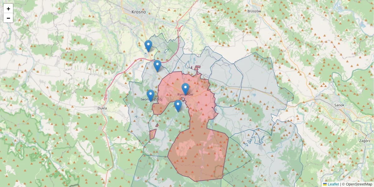 Szczegółowa mapa kodu pocztowego 38-480 z granicami, sąsiednimi kodami pocztowymi i urzędami pocztowymi