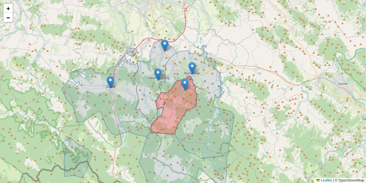 Szczegółowa mapa kodu pocztowego 38-481 z granicami, sąsiednimi kodami pocztowymi i urzędami pocztowymi
