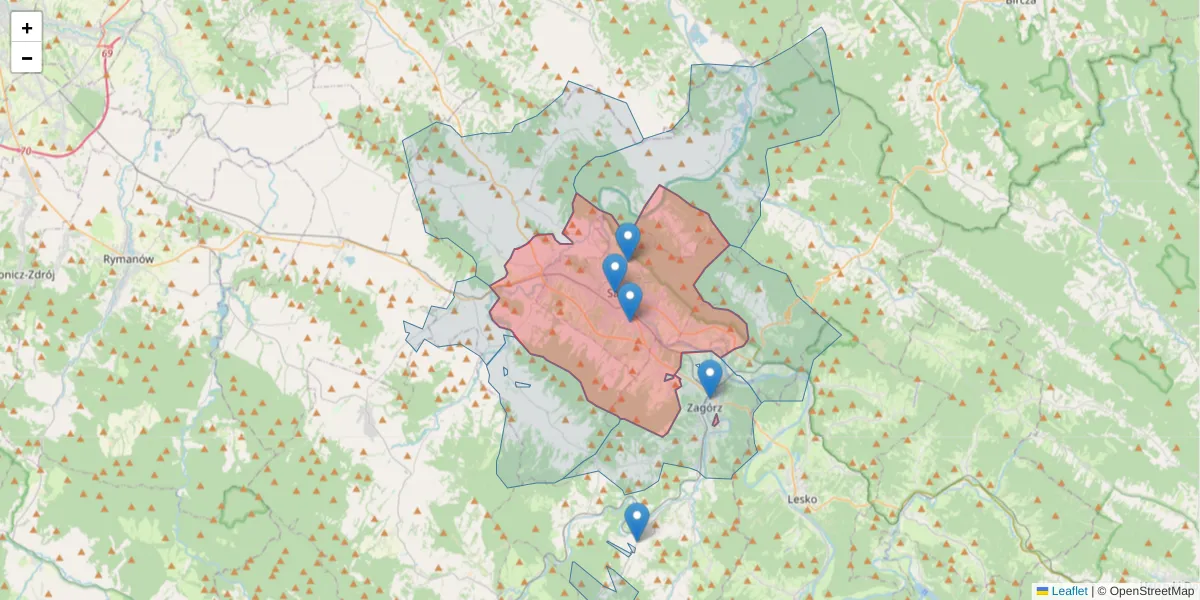 Szczegółowa mapa kodu pocztowego 38-500 z granicami, sąsiednimi kodami pocztowymi i urzędami pocztowymi