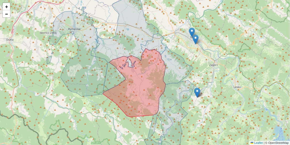 Szczegółowa mapa kodu pocztowego 38-505 z granicami, sąsiednimi kodami pocztowymi i urzędami pocztowymi
