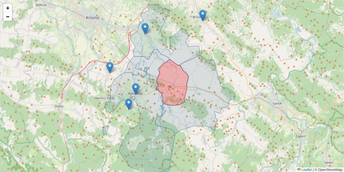 Szczegółowa mapa kodu pocztowego 38-524 z granicami, sąsiednimi kodami pocztowymi i urzędami pocztowymi