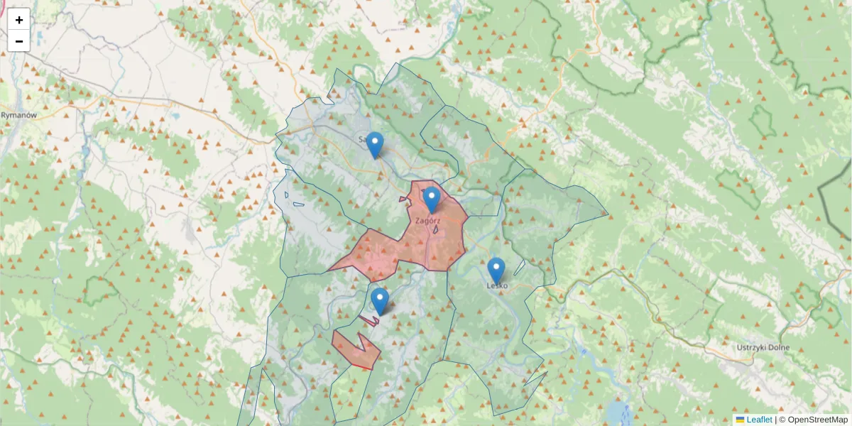 Szczegółowa mapa kodu pocztowego 38-540 z granicami, sąsiednimi kodami pocztowymi i urzędami pocztowymi