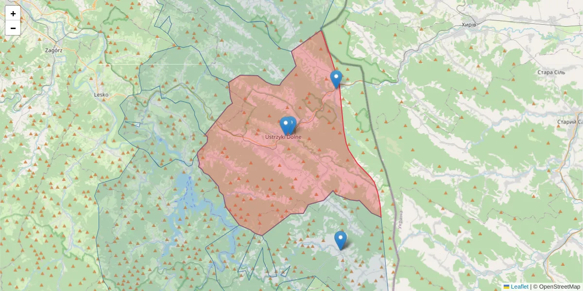 Szczegółowa mapa kodu pocztowego 38-700 z granicami, sąsiednimi kodami pocztowymi i urzędami pocztowymi