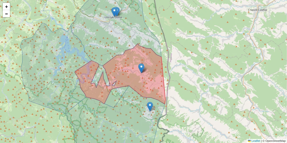 Szczegółowa mapa kodu pocztowego 38-710 z granicami, sąsiednimi kodami pocztowymi i urzędami pocztowymi