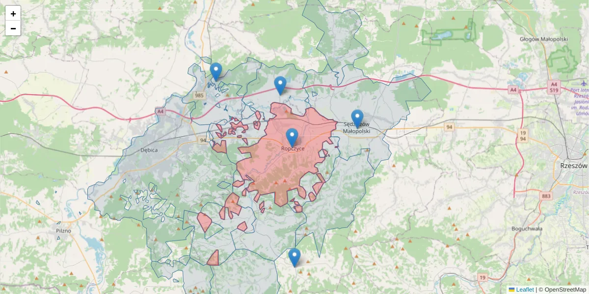 Szczegółowa mapa kodu pocztowego 39-100 z granicami, sąsiednimi kodami pocztowymi i urzędami pocztowymi