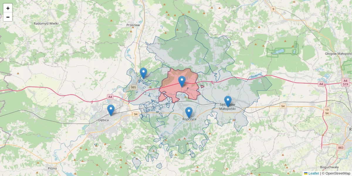 Szczegółowa mapa kodu pocztowego 39-103 z granicami, sąsiednimi kodami pocztowymi i urzędami pocztowymi