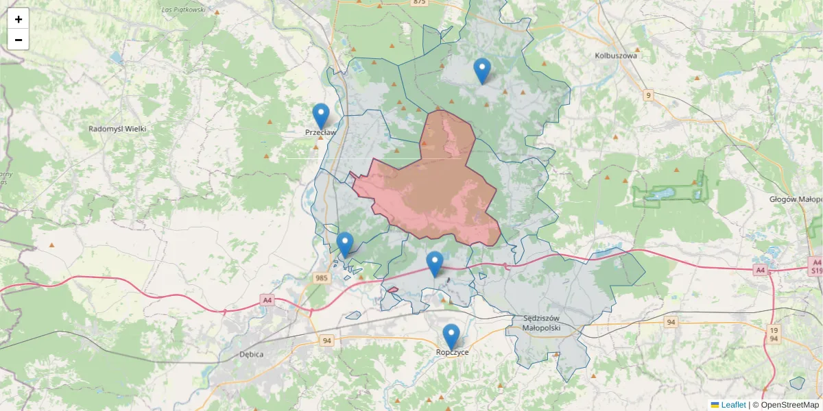 Szczegółowa mapa kodu pocztowego 39-104 z granicami, sąsiednimi kodami pocztowymi i urzędami pocztowymi