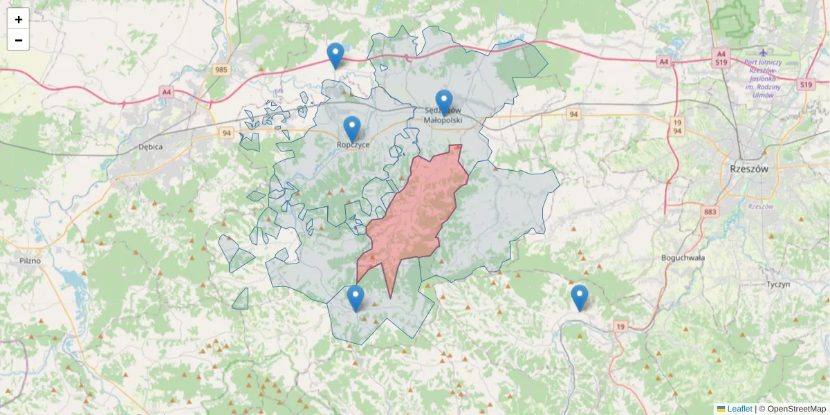 Szczegółowa mapa kodu pocztowego 39-126 z granicami, sąsiednimi kodami pocztowymi i urzędami pocztowymi