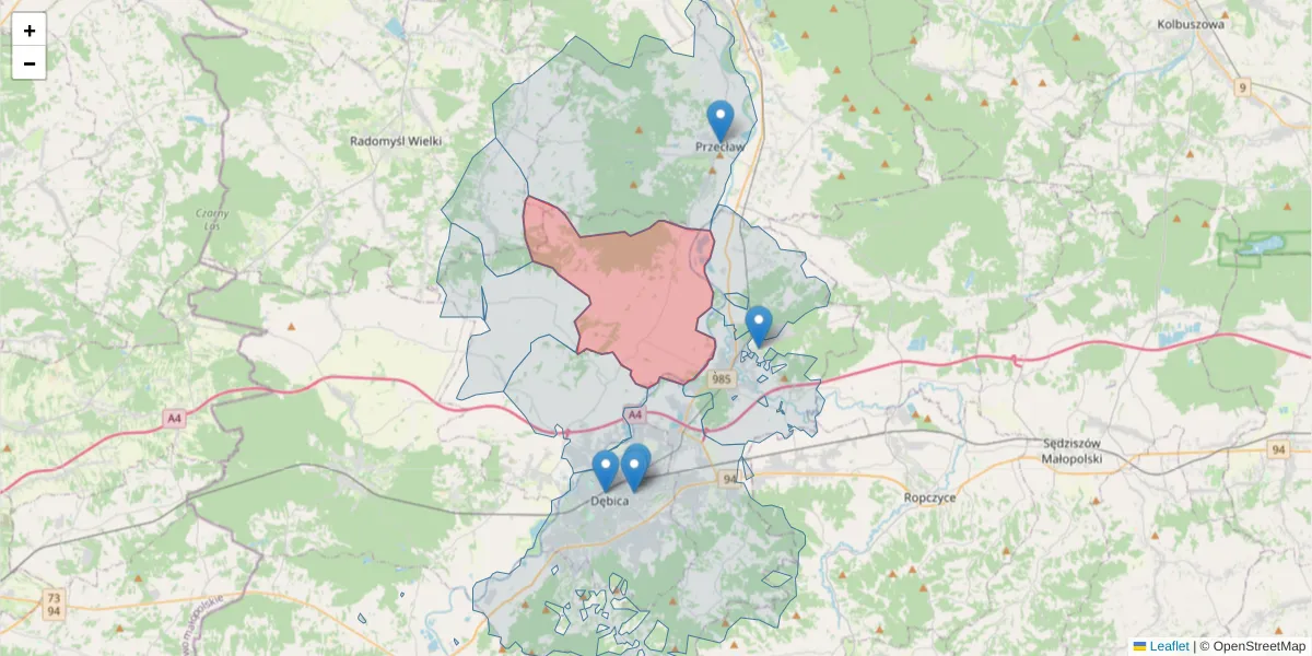 Szczegółowa mapa kodu pocztowego 39-203 z granicami, sąsiednimi kodami pocztowymi i urzędami pocztowymi