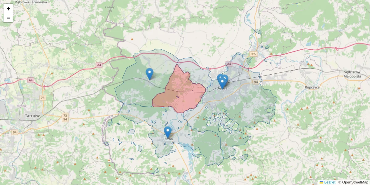 Szczegółowa mapa kodu pocztowego 39-217 z granicami, sąsiednimi kodami pocztowymi i urzędami pocztowymi