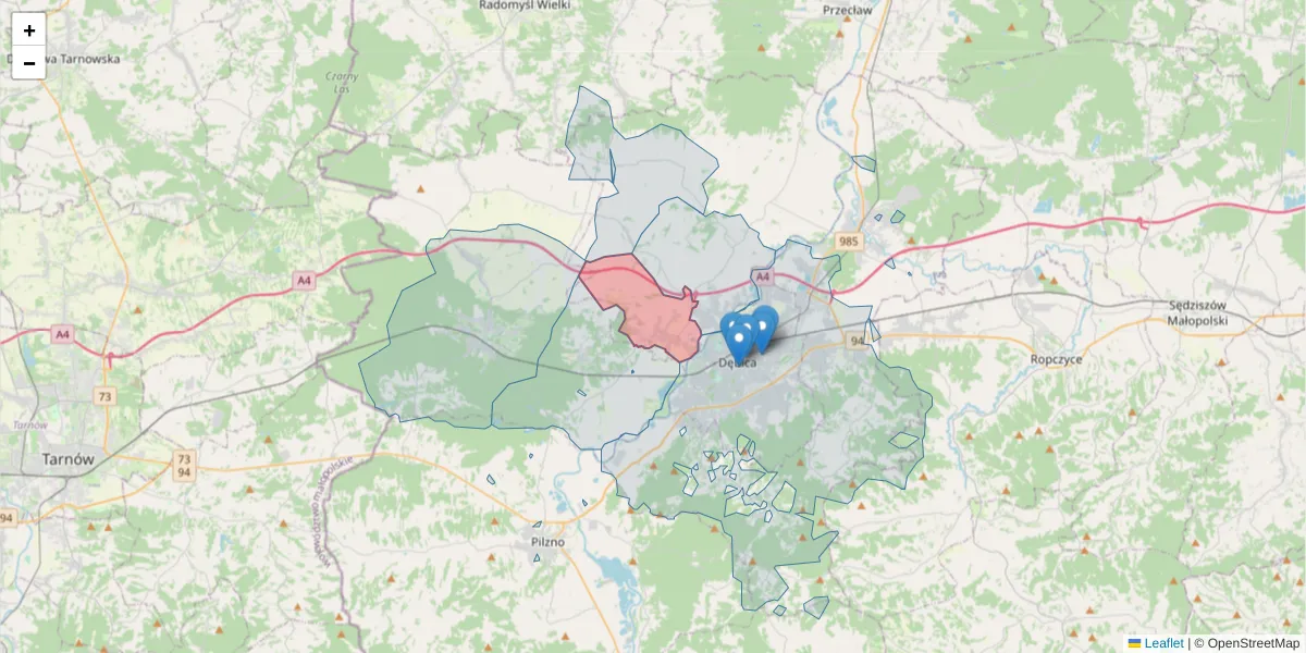Szczegółowa mapa kodu pocztowego 39-218 z granicami, sąsiednimi kodami pocztowymi i urzędami pocztowymi
