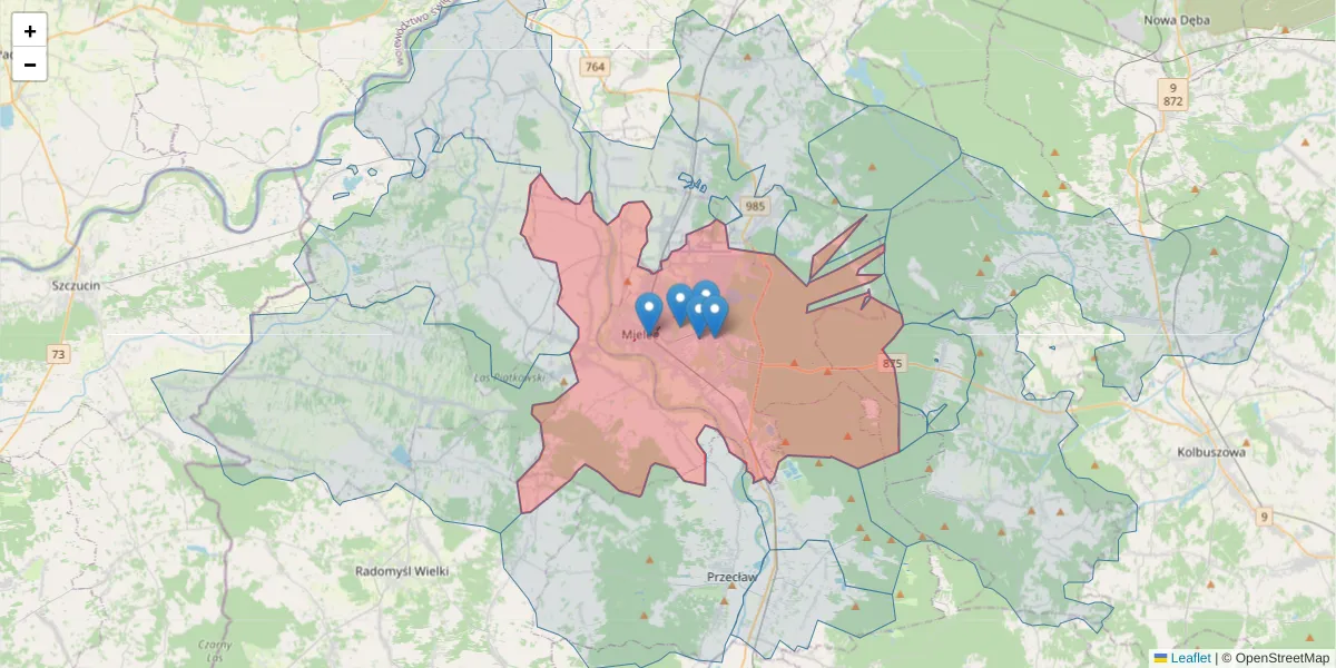Szczegółowa mapa kodu pocztowego 39-300 z granicami, sąsiednimi kodami pocztowymi i urzędami pocztowymi