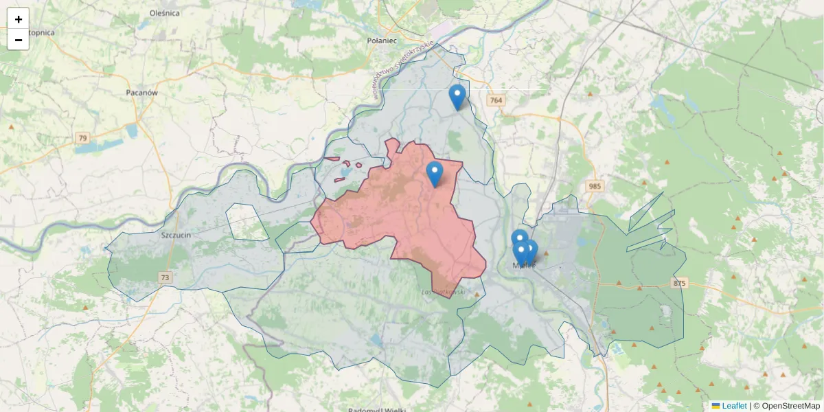 Szczegółowa mapa kodu pocztowego 39-304 z granicami, sąsiednimi kodami pocztowymi i urzędami pocztowymi