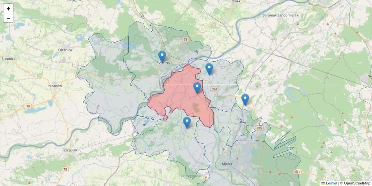 Szczegółowa mapa kodu pocztowego 39-305 z granicami, sąsiednimi kodami pocztowymi i urzędami pocztowymi