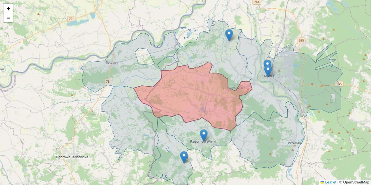 Szczegółowa mapa kodu pocztowego 39-308 z granicami, sąsiednimi kodami pocztowymi i urzędami pocztowymi