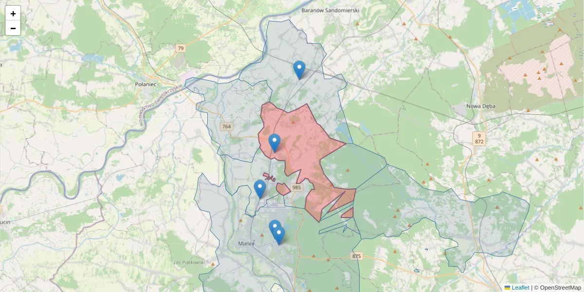 Szczegółowa mapa kodu pocztowego 39-332 z granicami, sąsiednimi kodami pocztowymi i urzędami pocztowymi