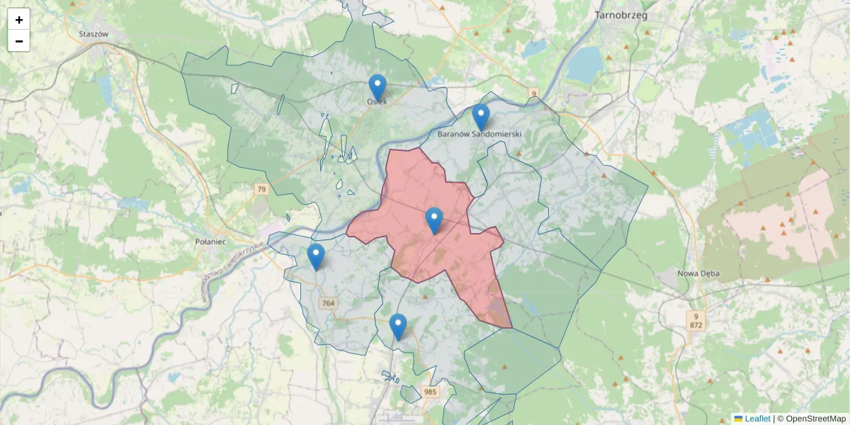Szczegółowa mapa kodu pocztowego 39-340 z granicami, sąsiednimi kodami pocztowymi i urzędami pocztowymi