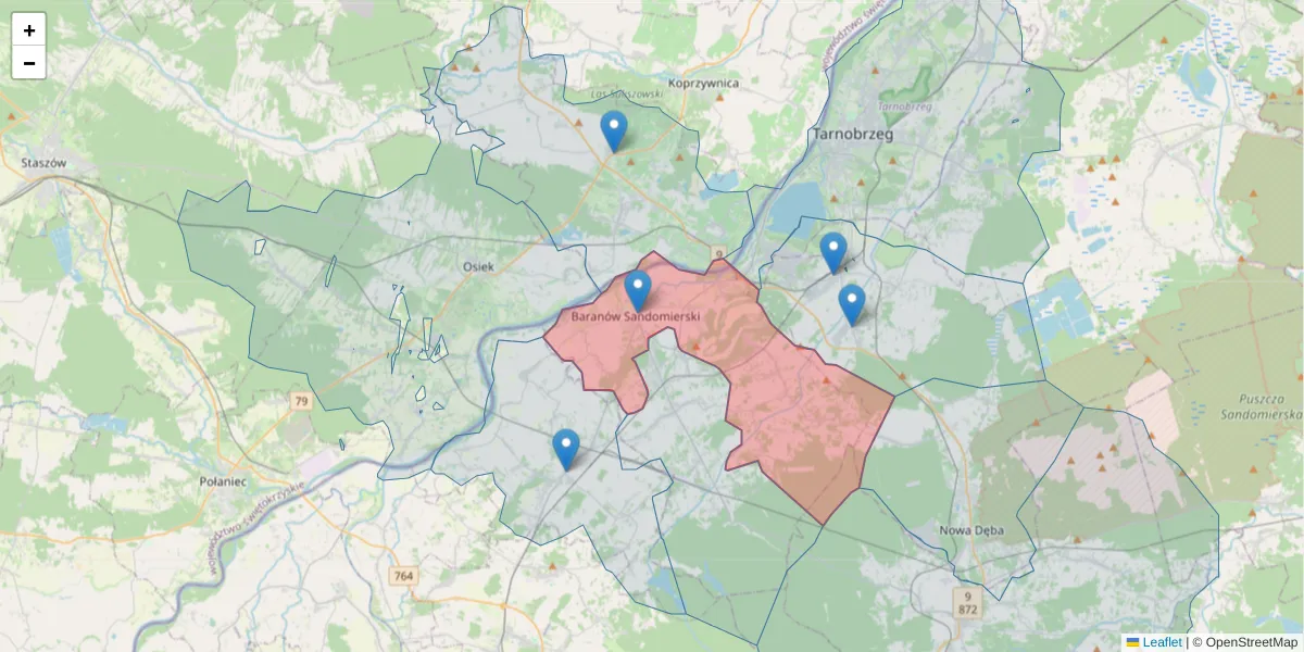 Szczegółowa mapa kodu pocztowego 39-450 z granicami, sąsiednimi kodami pocztowymi i urzędami pocztowymi