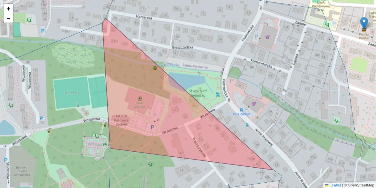 Szczegółowa mapa kodu pocztowego 40-695 z granicami, sąsiednimi kodami pocztowymi i urzędami pocztowymi